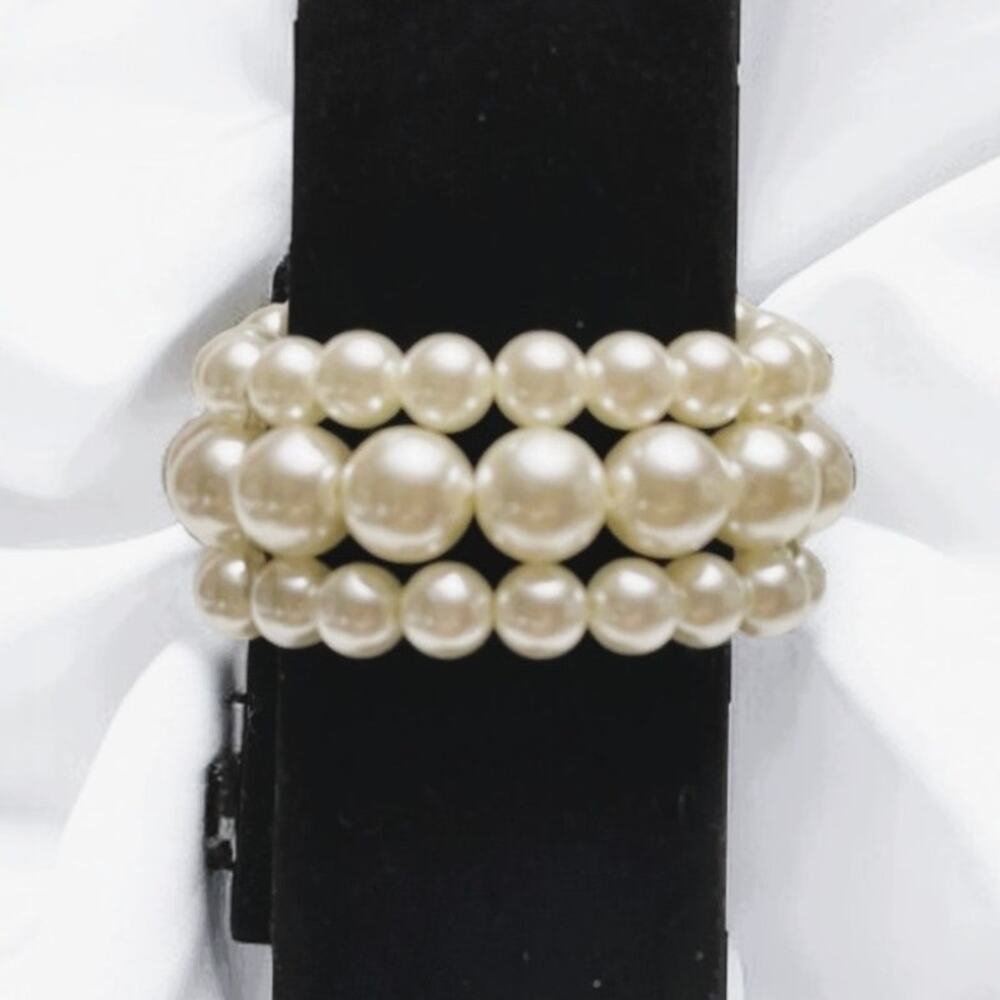 Vintage Triple Row Faux Pearl Silver Connector Stretch Bracelet